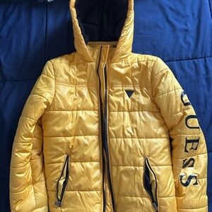 Guess Kids Yellow Hooded Puffer Jacket with Logo Sleeve